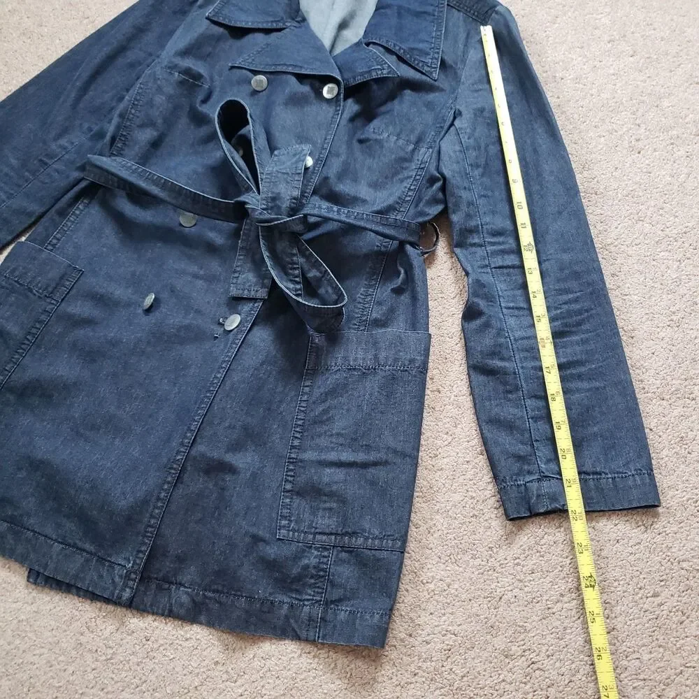 Vintage 90s Talbots Denim Trench Coat Jacket Belted Double Breasted Pockets Sz 6
